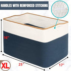 MINTWOOD Design 112L Extra Large Blanket Basket Holder Living Room, 25"x17"x16" Rectangle Rope Woven Storage Basket with Handles for Laundry, Towels, Shoes, Dog Toy Organizer Bin Box, Prussian Blue - color: Prussian Blue