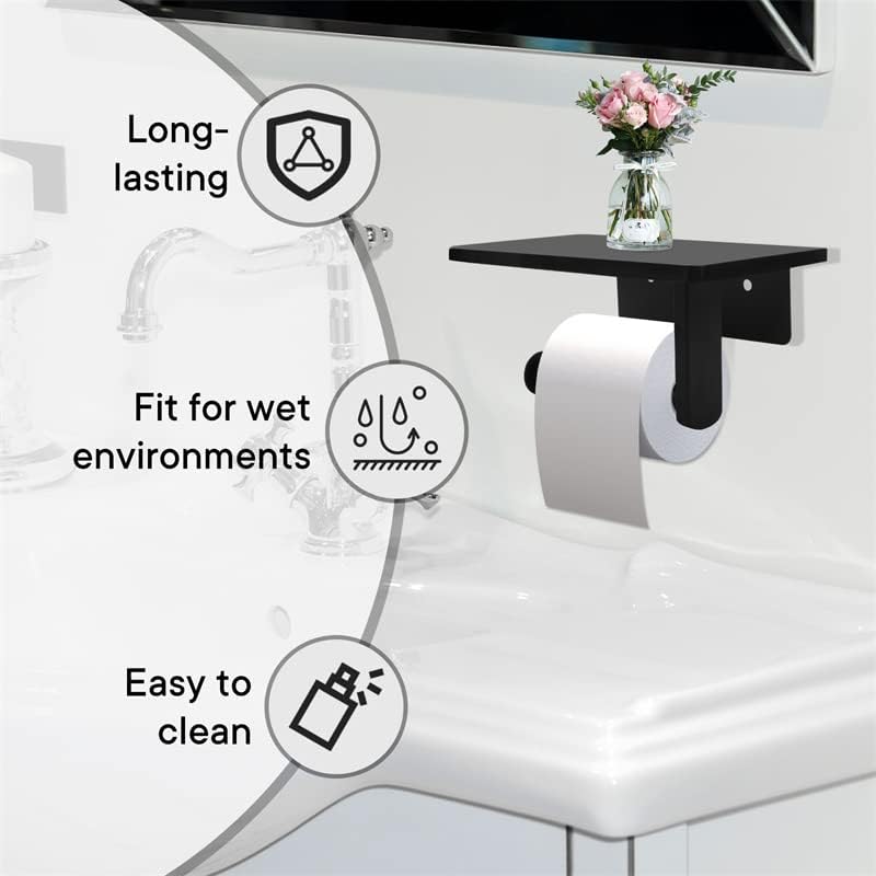 Toilet Paper Holder with Natural Marble Shelf for Bathroom Washroom,Wall Mounted Tissue Holder Suitable for Mega Roll (Middle 7.87 * 4.72 in, Black) - color: Black, size: Middle 7.87 * 4.72 in