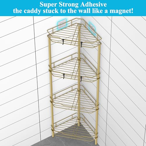HuggieGems 4 Tier Floor Standing Corner Shower Caddy Organizer Shelf with Hooks, Bathroom Shelves Stand Rack, Gold - color: Gold, size: 4 Tier