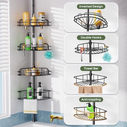 HAMITOR Shower Caddy Tension Pole: 4-Tier Rustproof Bathroom Corner Shelf Organizer for Renters - No Drill Large Shampoo Storage Rack - Adjustable 47-121 Inch - Space Saving Bathtub Accessory - Black - color: Black