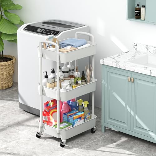 Sywhitta 3-Tier Plastic Rolling Utility Cart with Handle, Multi-Functional Storage Trolley for Office, Living Room, Kitchen, Movable Storage Organizer with Wheels, White - color: White, size: 3-tier