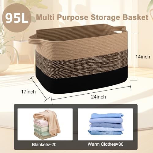 OIAHOMY Extra Large Blanket Basket, 95L Cotton Rope Woven Laundry Basket, Toy Bin for Baby Room, Container for Blanket Storage in Living Room, 24''×17''×14'', Brown & Black - color: Brown & Black, size: 95L