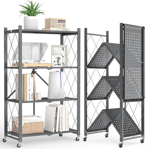 Fenbeli 4-Tier Folding Metal Storage Shelf with Wheels, No Assembly Organizer Rack, Heavy Duty Collapsible Shelving Unit for Garage, Kitchen, Basement, Pantry, Living Room(New Upgrade - Gray, 4 Tier)