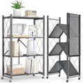 Fenbeli 4-Tier Folding Metal Storage Shelf with Wheels, No Assembly Organizer Rack, Heavy Duty Collapsible Shelving Unit for Garage, Kitchen, Basement, Pantry, Living Room(New Upgrade - Gray, 4 Tier)