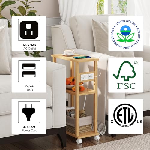 TUTOTAK Small Narrow Side Table with Charging Station, Skinny End Table for Small Spaces, Slim Nightstand with USB Ports and Outlet, Sofa Beside Table with Wheels, Natural TB01BN047 - color: Natural, size: 2 PC, style: With Plug