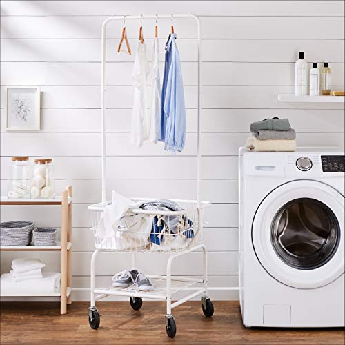 Amazon Basics Rectangular Laundry Hamper Basket Butler Cart with Wheels and Hanging Rack, Sturdy Metal, 71.1 inches Height, White