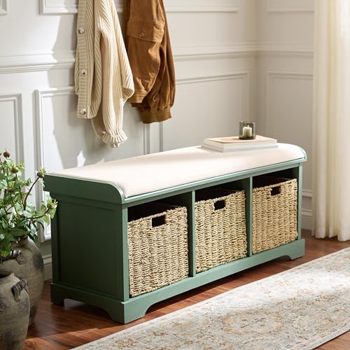 SAFAVIEH Home Collection – Lonan Dusty Green Storage Bench with Seat Cushion, 3 Basket Drawers, Coastal Farmhouse Entryway Design (AMH5733J) - color: Dusty Green