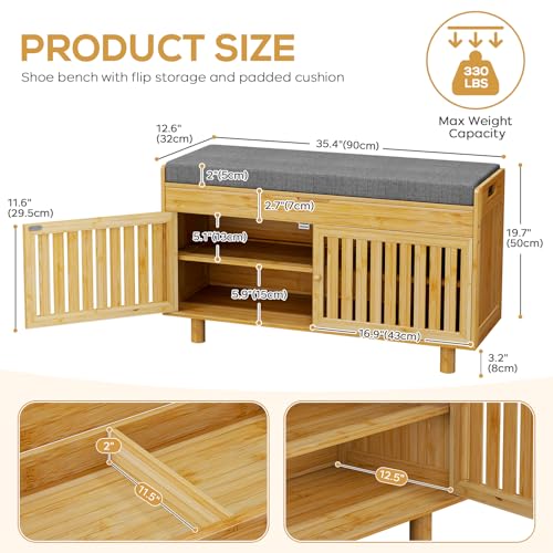 oakvivo Bamboo 35.4in Shoe Storage Bench with Lift Top Storage & Padded Seat Cushion, 2-Tier Shoe Rack Cabinet with 2 Doors for Entryway, Living Room, Bedroom, Mudroom, Natural - color: Natural