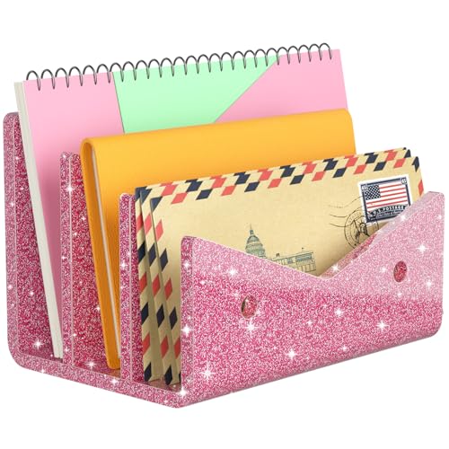 Mail Organizer Envelope Holder - 3 Compartments Glitter Pink Acrylic Mail Holder Countertop Vertical Desk Organizer Small File Bill Document Notebook Letter Sorter for Home School Office - color: Glitter Pink, size: 3 Compartments