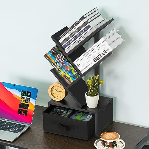 SHEEPAM Small Book Shelf with Drawer,4 Tier Black Tree Bookshelf,Wooden Desktop Bookcase,Modern Desk Display Storage Bookshelves,Floor Standing Organizer Bookcases for Living Room,Bedroom,Office - color: Classic Black, size: 4 Tier