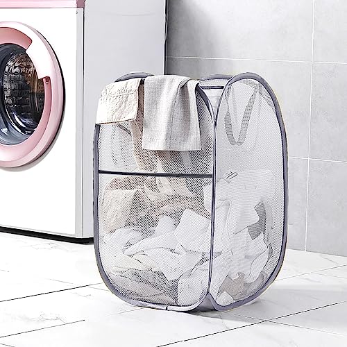 Larpur 2 Pcs Popup Mesh Laundry Baskets, Collapsible and Portable Clothes Washing Laundry Hampers with Reinforced Carry Handles, Gray Clothes Hamper for Home, Travel, College Dorm - color: 2*Grey