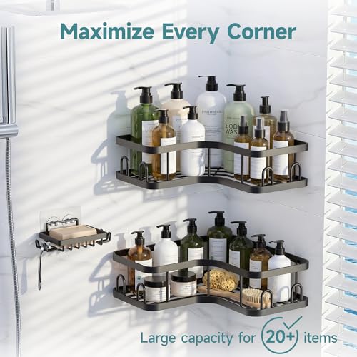 Veken Corner Adhesive Shower Caddy 3-Pack with Soap Holder&Hooks,No Drilling Shower Shelves,Rustproof & Waterproof Bathroom Organizers and Storage,Rack for Small Spaces, Kitchen&Rental-Friendly,Black - color: Black, size: 3-Piece Set(2 Large+1 Small)