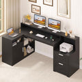 TVU Farmhouse L Shaped Desk with Drawers, 62.2" Home Office Desk with Storage Shelves and Power Outlet, L Shaped Computer Desk with Monitor Stand and Printer Shelf, Black - color: Black