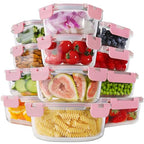 HOMBERKING 24pc Glass Food Storage Containers with Lids, Airtight Glass Bento Boxes, BPA Free & Leak Proof, Pantry Kitchen Storage (12 Lids & 12 Containers) - Pink - color: Pink
