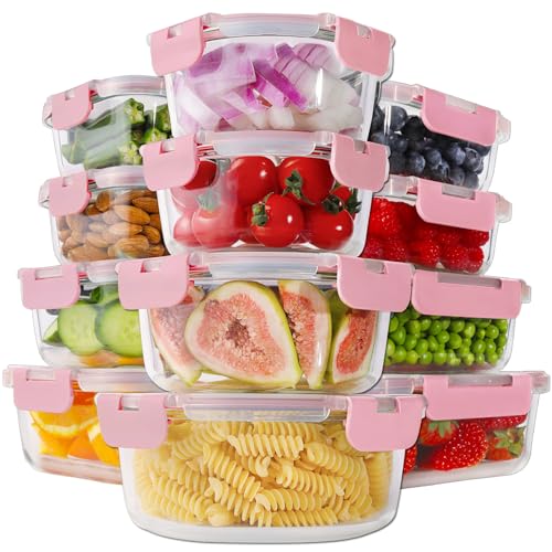 HOMBERKING 24pc Glass Food Storage Containers with Lids, Airtight Glass Bento Boxes, BPA Free & Leak Proof, Pantry Kitchen Storage (12 Lids & 12 Containers) - Pink - color: Pink