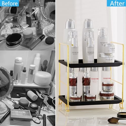 FSyueyun 2-Tier Bathroom Countertop Organizer, Tool-Less Installation Premium Plastics Makeup Shelf Organizer Perfume Skincare for Dresser Vanity Tray Organizers and Storage (Gold & Black) - color: Gold & Black