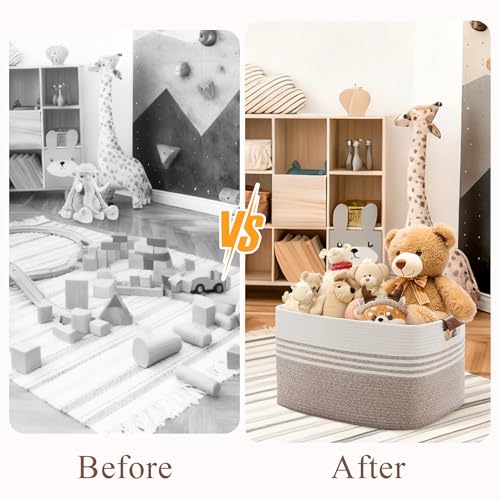 45L Small Laundry Basket with Leather Handles for Living Room Storage, Woven Rope Baskets Bin for Blanket, Kids Toy, Gifts, Wicker Hamper for Bedroom Dirty Clothes, 18"x14"x11" White Brown - color: Brown, size: 45L