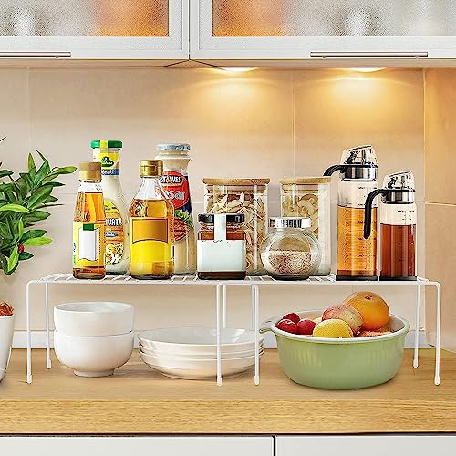 Orgneas Expandable Cabinet Shelf Organizer, Rustproof Metal Shelf Riser Kitchen Counter Storage Organizer Rack for Fridge, Cabinet, Pantry and Bathroom with Scratch Resistant Feet - color: Expandable