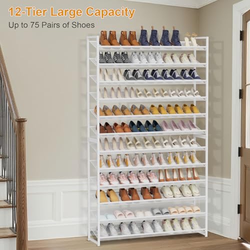 Large Shoe Rack 12 Tier Shoe Organizer, Heavy Duty Metal 6-Tier Stackable Shoe Storage Vertical Shoe Rack for Closet Front Door Entrance, Up to 75 Pairs, 44.8" W x 11.4" D x 85.1" H, White - color: White, size: 12 Tier