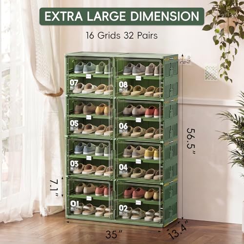 JEKO&JEKO 8 Tiers Green Foldable Shoe Rack Organizer for Entryway, Outdoor Front Door Shoe Storage Cabinet, Large Collapsible Shoe Box with Magnetic Doors, Holds Up to 32 Pairs - color: Double-row(Green), size: 8 Tiers