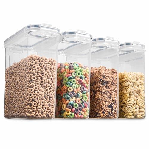 4 Pack Airtight Cereal & Dry Food Storage Container - BPA Free Plastic Kitchen and Pantry Organization Canisters for, Flour, Sugar, Rice, Nuts, Snacks, Pet Food & More (4L, 16.9 Cup, 135.5 Ounce