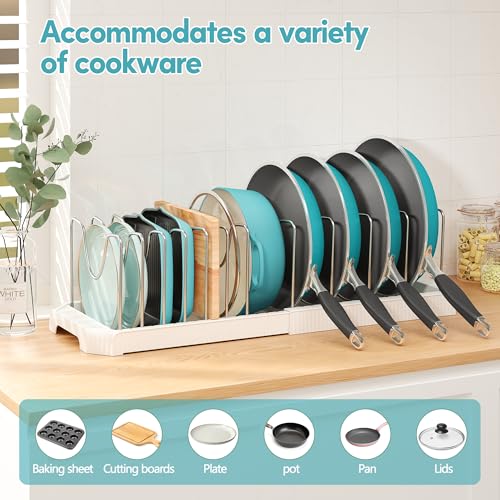 Pots and Pans Organizer for under Cabinet, Pan Pot Organizers inside Cabinet, Expandable Organizer with 12 Adjustable Dividers for Cookie Sheets, Cutting Boards, Pot Lids, Cookware - Frying Pan Rack - color: White, size: 12 Adjustable Dividers