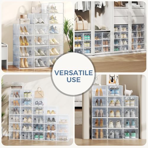 DUMOS Shoe Storage Boxes, 12-Pack Stackable Clear Shoe Containers with Lids, Display Sneaker Case Organizer for Closet, Under Bed, Entryway,White (Fit Size 9)