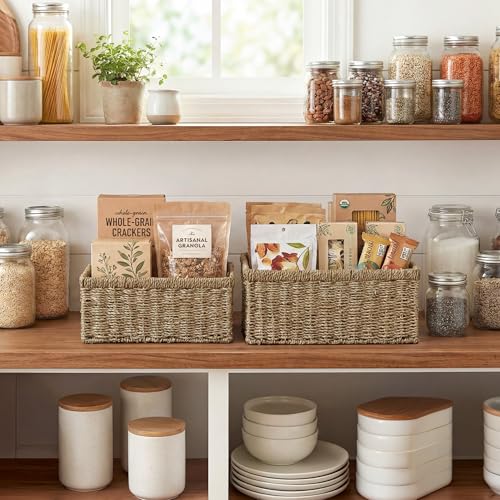 StorageWorks Wicker Storage Baskets, Handwoven Seagrass Basket for Organizing, Decorative Organizers with Built-in Handles, Set of 2 - color: Natural (Seagrass), size: 15"L x 11½"W x 7"H + 13"L x 9"W x 6¼"H