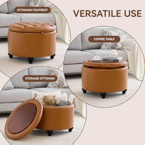 WUTUTUEE 24Inch Round Storage Ottoman with Tray, Modern Tufted Leather Circle Coffee Table with Storage, Upholstered Ottoman with Removable Top for Living Room, Bedroom, Leather Brown - color: Leather Brown, size: 24 Inch