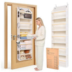 5 Tiers Natural Bamboo Over Door Organizer with 10 Mesh Side Pockets, 50 lbs Weight Capacity Hanging Storage Organizer with Clear Window Kids Toys, Shoes, Diapers, Warm Beige