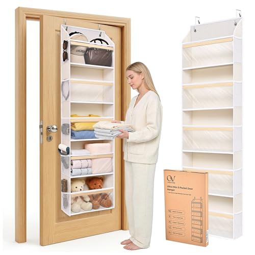 5 Tiers Natural Bamboo Over Door Organizer with 10 Mesh Side Pockets, 50 lbs Weight Capacity Hanging Storage Organizer with Clear Window Kids Toys, Shoes, Diapers, Warm Beige