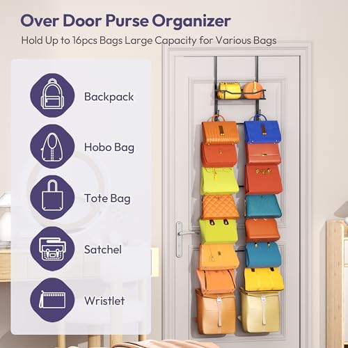 SWTYMIKI Over The Door Purse Organizer - Wall Mounted Purse Rack with 16 Hooks and Metal Basket, Handbag Hanger Organizer Holds up to 16 Bags, Bag Rack Can Use As 1/2 Part, for Door, Closet - color: Black, size: 9-Tier