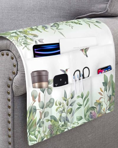 Sofa Armrest Organizer Bedside Caddy, Green Botanical Non Slip Couch Remote Control Holder for Recliner, Watercolor Green Eucalyptus Leaves Birds Arm Chair Caddy with Pocket, 19.7"x35" - size: 19.7x35 in