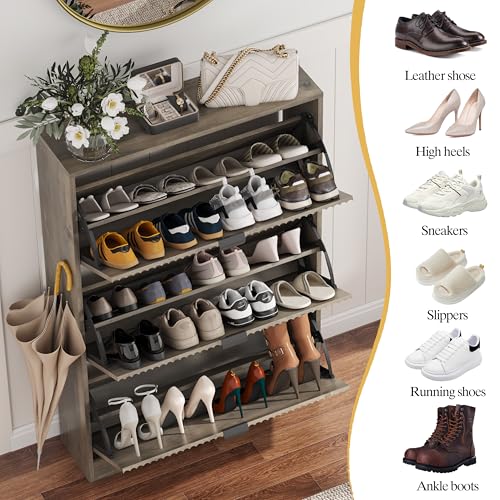 HUANLEGO Shoe Cabinet Storage for Entryway with 3 Flip Drawers, Grey Fluted Shoe Cabinet with Adjustable Shelves, Wooden Hidden Shoe Rack Freestanding Narrow Slim Shoes Storage for Hallway, Entrance - color: Grey, size: 3 Drawer