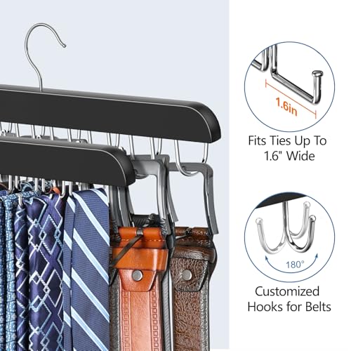 2 Pack Tie Rack & Belt Hanger 2 in 1 Tie Hanger Space Saving Max 42 Belts& 60 Ties Capacity for Closet Organizers and Storage, Sturdy Wood Belt & Tie Collection Organizer - color: Black