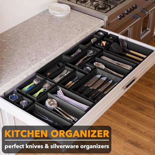 SpaceAid 21-Piece Bamboo Drawer Organizer Storage Boxes Set, Wood Tray Junk Drawer Organizers Multi-Use Divider Bins for Kitchen, Bathroom, Office Desk and Makeup Organization (21 Pack, Black) - color: Black
