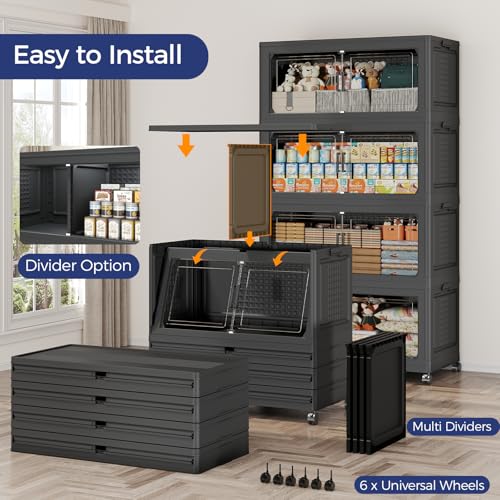 150GAL Storage Bins with Lid and Wheels, Stackable Closet Organizers and Storage Drawer, Collapsible Storage Box with Dividers, Foldable Plastic Cabinets for Room, Kitchen, 3 Pack Black - color: Black, size: 50Gal-3Pack