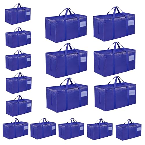 16 Pack-Extra Large Heavy Duty Moving Bags - Waterproof Storage Totes with Handles & Zippers, Foldable for College Dorm, Storage (Blue) - color: Blue, size: 16