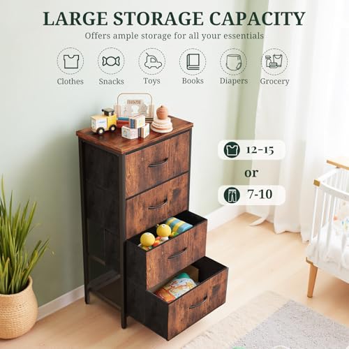Nightstand, 4 Drawer Dresser End Table Bedside Furniture with Wooden Top Steel Frame Fabric Bins for Bedroom, Closet, Entryway, Dorm, Living Room, Brown - color: Brown, size: 11.8"D x 17.7"W x 37.4"H (4 Drawers)