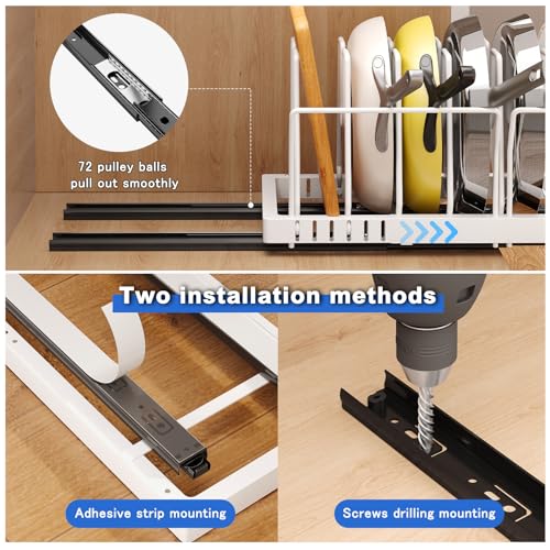 Mustorn 2 Pack Pots and Pans Organizer Under Cabinet, 21.6" Deep Pull Out Pot Lid Organizer Holder with Guardrail Adhesive Pot and Pan Holder Rack with 10 Adjustable Dividers(White) - color: White, size: 2 Pack