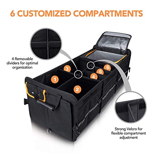 HEYTRIP Large Trunk Organizer With Built-in Leakproof Cooler Bag, 2 Tie-Down Straps, 4 Removable Dividers, Foldable Cover, Built with 2mm PE Board - color: Black