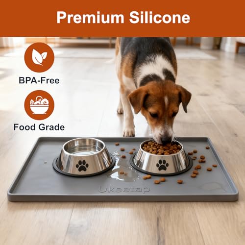 ukeetap Extra Thick Silicone Mat Waterproof with Raised Edge 19” x 12”, BPA Free Non-Slip Dog & Cat Food Mat, Feeding Mat for Food and Water Bowls, Spill Proof Mat to Protect Floors, Gray - color: Gray, size: 19"L x 12"W