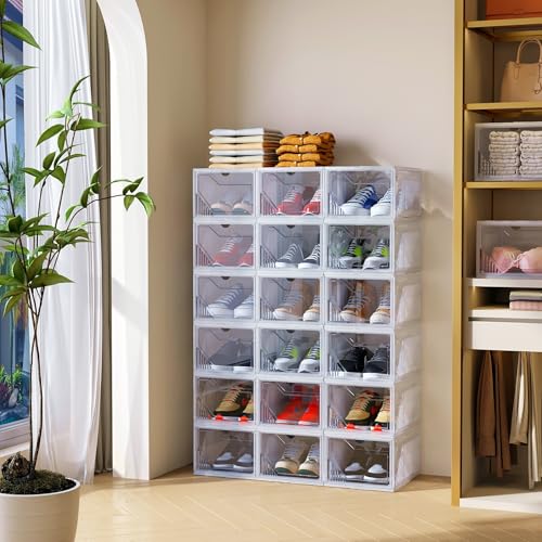 AWTATOS Shoe Storage Boxes, Thickened Shoe Storage Organizer with Clear Magnetic Door, Stackable Shoe Container with Lids, Collapsible Large Shoe Rack, Fit up to US Size 15, 10 Pack - size: 10 pack