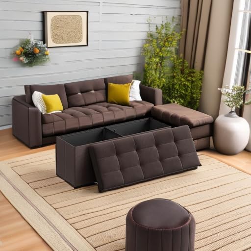 SONGMICS MAZIE Collection - 43 Inches Folding Storage Ottoman Bench, Ottoman Foot Rest, End of Bed Bench, Storage Chest, Load 660 lb, for Living Room, Bedroom, Entryway, Brown ULSF77BR - color: Brown, size: 15"D x 43"W x 15"H