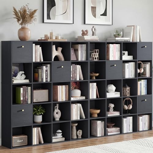 Black Book Shelf, Large Cube Storage Organizer Unit 2-Pack, 20 Open Shelves Bookcase with 3 Fabric Drawers, Black Wood grain Shelf Set for Living Room Entryway, Freestanding Display Rack Bundle - color: Black, size: 20 Cube (2PC)