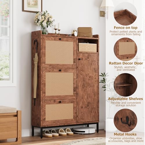 GarveeHome Shoe Cabinet Rattan with 3 Flip Drawers and 4-Tier Shoe Storage Cabinet, Freestanding Shoe Organizer with Adjustable Shelves for Entryway, Closet, Hallway (Tree Pomegranate) - color: Tree Pomegranate, size: 3-Drawers + 1-Door