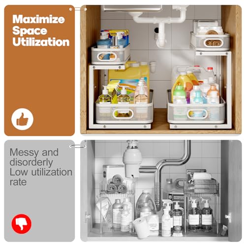 2 Pack 19.3IN-Depth Under Sink Organizer with Smooth Cylindrical Rail,2-Tier Pull Out Multi-Purpose Cabinet Storage for Bathroom&Kitchen,Height Adjustable,Rust-Resistant Coating-White - color: White, size: 2 Pack-19.3"Dx11"-16.14"H