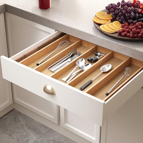 Fibogollo Expandable Kitchen Drawer Organizer,Bamboo Silverware Organizer,Adjustable Flatware Tray for Utensils(16.92 * 13.30~22.83 * 1.96)