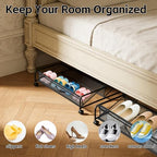 Under Bed Shoe Storage Organizer, 2-Pack Metal Mesh Storage Drawers with Wheels – Rolling Underbed Shoe Organizer for Space Saving Bedroom Organization (Black)