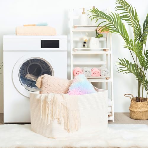 MINTWOOD Design 22in Extra Large Blanket Basket Holder Living Room, Rectangle Rope Woven Storage Basket with Handles for Laundry, Pool Towels, and Shoes, Dog Toy Organizer Bin Box, Creamy White - color: Creamy White